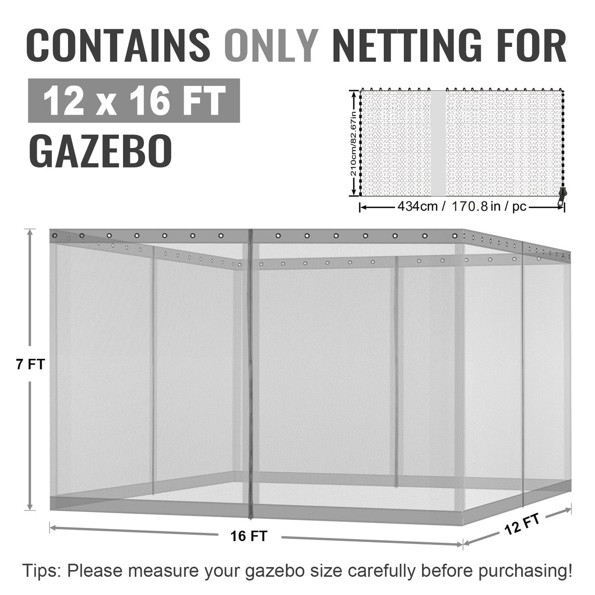COWVIE Gazebo Replacement Netting Screen, 12' x 16' Universal Gazebo 4-Panel Mosquito Sidewalls with Double Zippers for Outdoor Patio (Only Netting) COWVIE
