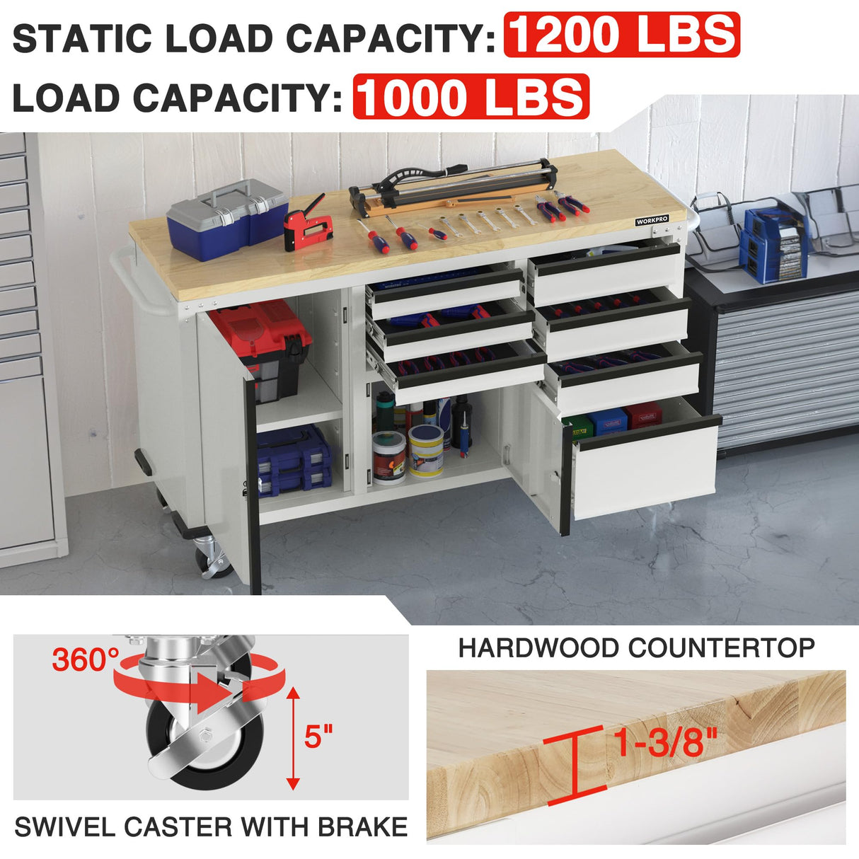 WORKPRO 62" x 20" 7-Drawer & 2-Door Rolling Tool Chest, Mobile Tool Storage Cabinet with Power Strip, Locking System, Heavy Duty Rolling Cabinet for Garage, Warehouse & Kitchen, 1000 lbs Capacity WORKPRO