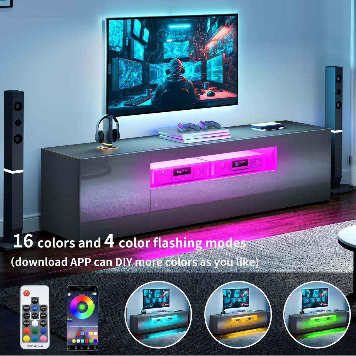 YITAHOME TV Stands for Living Room, 75 inch TV Stand, LED Entertainment Center with Storage, Modern Television Stands, High Glossy Gaming Media Stand, Grey YITAHOME