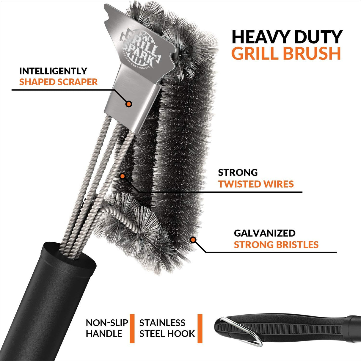 BBQ Grill Brush and Scraper 18" | Stainless Steel Cleaning Brush Accessories | Best for Weber Gas, Charcoal, Porcelain, Cast Iron, All Grilling Grates Grill Spark