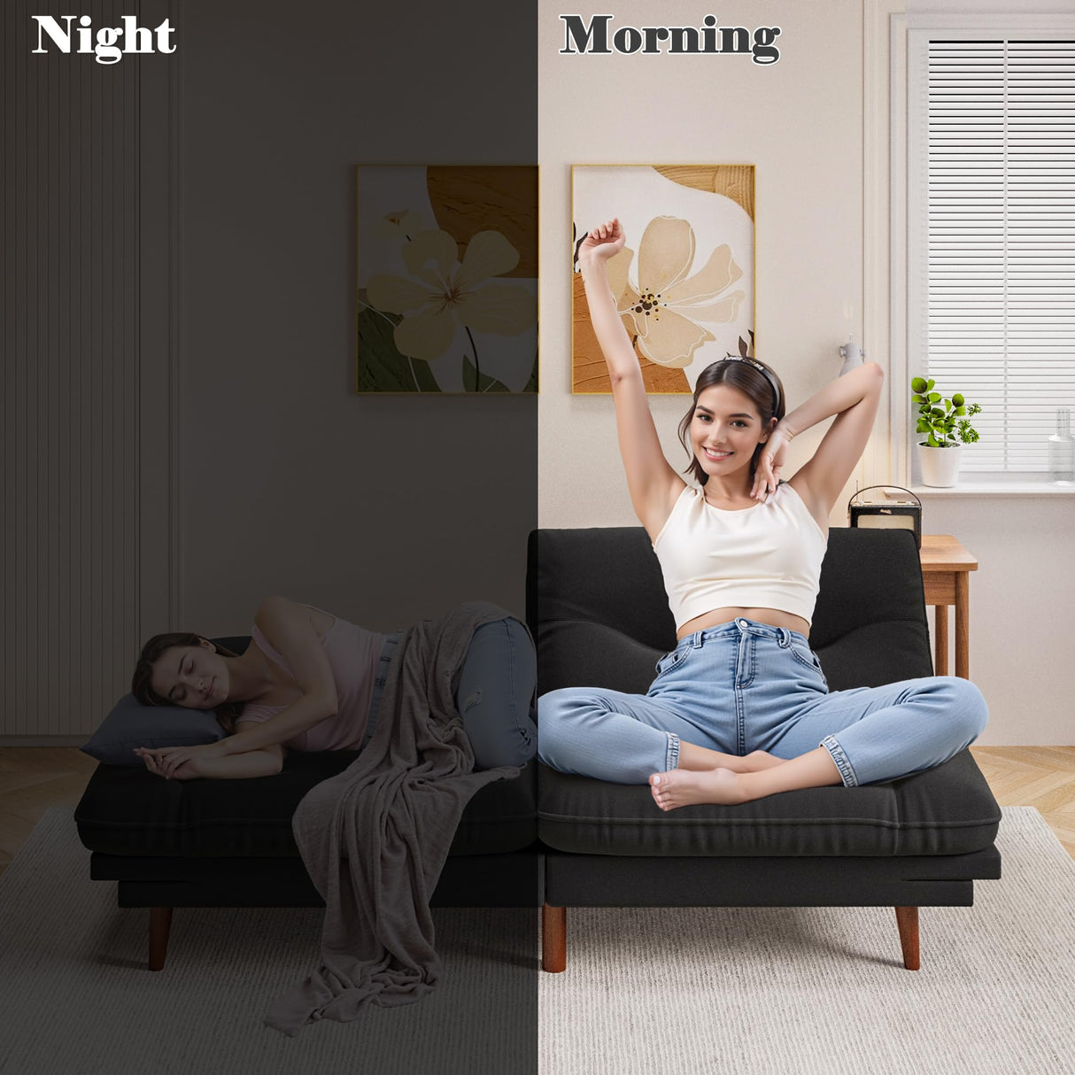 Homall Futon Sofa Bed, Modern Loveseat Futon Couch with Adjustable Backrest and Armrests, Sleeper Sofa Bed with Wood Frame for Living Room, Office, Apartment (Fabric, Black) Homall