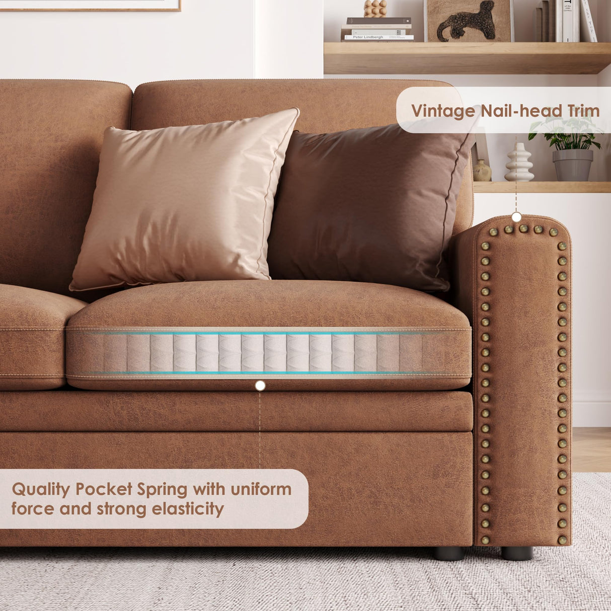 HIFIT 101" W Sectional Sofa with Storage Seats and USB Ports, 6 Seater U Shaped Sectional Couch with Double Chaise, Brown Leather Sofa Couches for Living Room, Small Sofa HIFIT