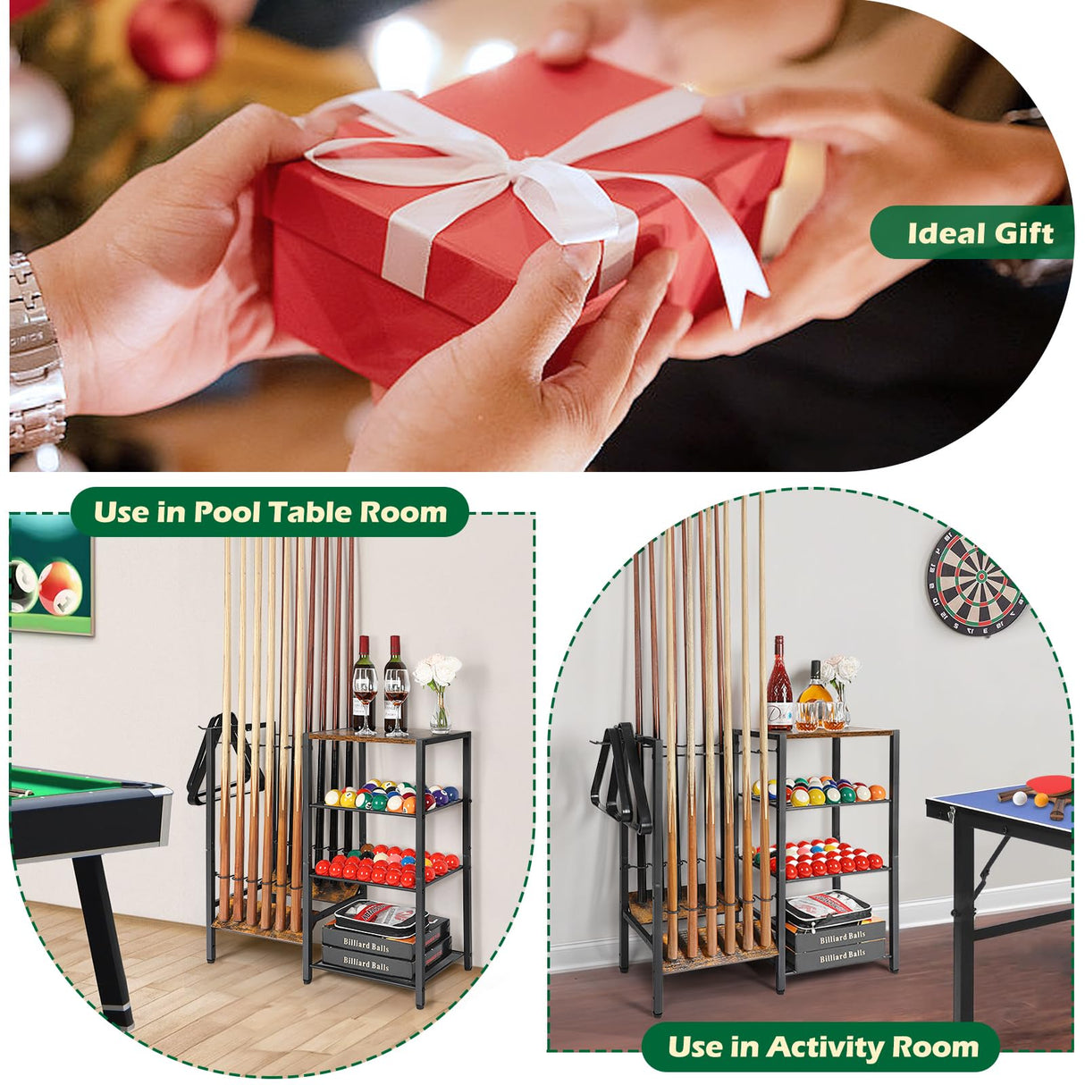 Pool Stick Holder Floor Stand up to 12 Cue Sticks, Pool Cue Holder with Balls Storage, Pool Table Accessories Stand Large Pool Cue Rack Equipment Organizer Cue Stick Holder for Billiard Game Room Olakee