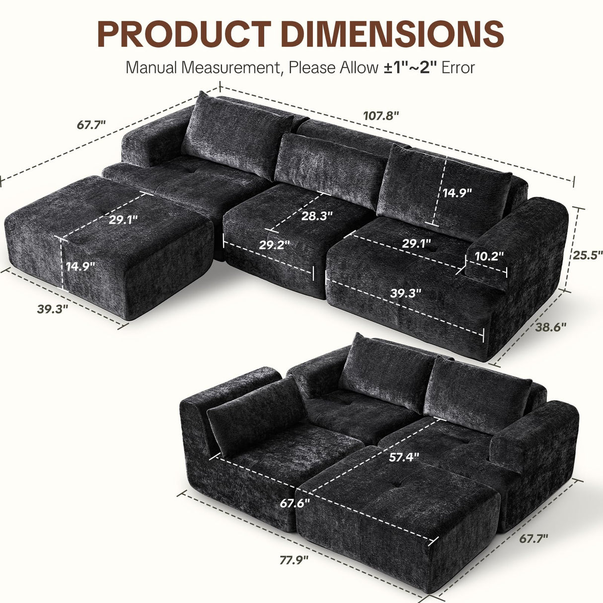 LOOMORA 108" Modular Sectional Sofa - L-Shape Chaise, Modern Modular Cloud Couch with Deep Seat and Pillow, Boneless Couch Comfy Sofa for Living Room & Apartment, No Assembly(Black) LOOMORA