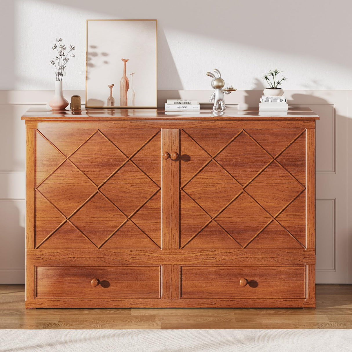 Mjkone Queen Murphy Bed Cabinet with Tri-Folding Mattress, Distressed Wooden 63" W Cabinets Wall Chest Beds with Built-in Charging Station & Storage Drawer for Office Guest Bedroom Living Room, Cherry Mjkone