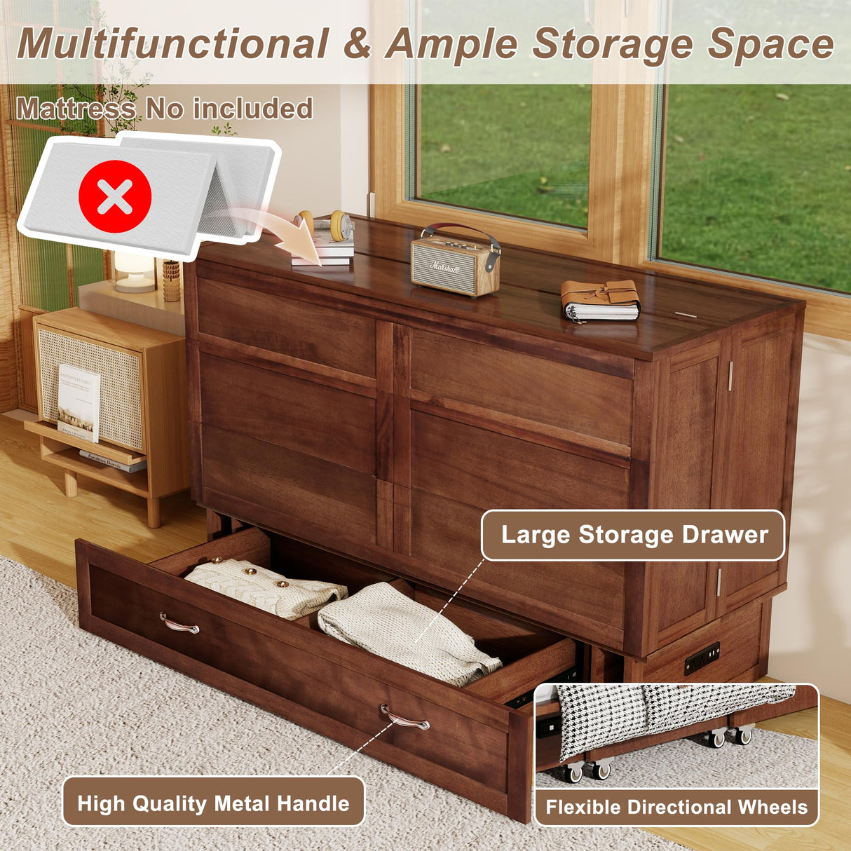 Keloyid Solid Wood Murphy Bed Cabinet:Queen Size Murphy Bed with USB Charging Station and Large Storage Drawer for Home,Optimize Sleeping Space(Mattress Not Included) Brown Yellow-9 Keloyid