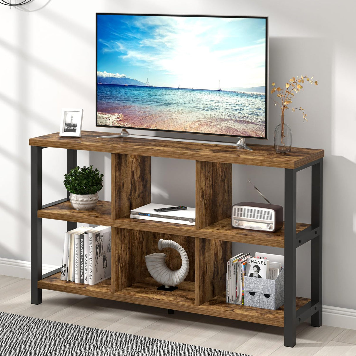 FOLUBAN Industrial Horizontal Bookshelf, 6 Cube Storage Organizer with Shelf, Wood and Metal Cubby Bookcase for Living Room Bedroom, Rustic Brown, 47 Inch FOLUBAN