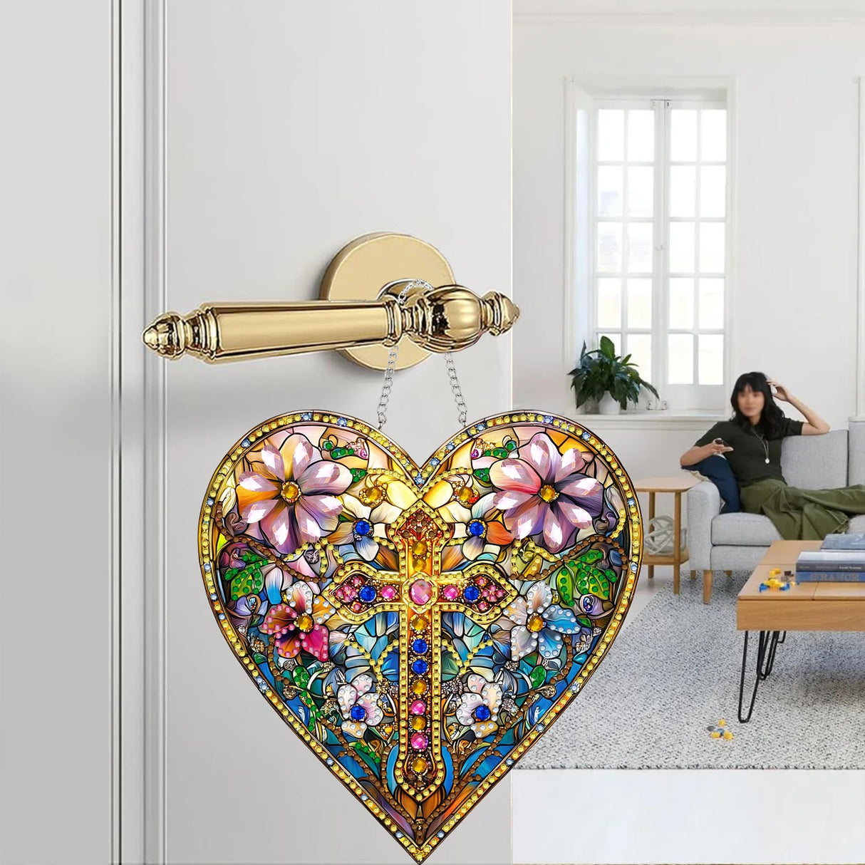 Zariocy Hanging Diamond Art Ornament Heart Shaped Cross Kits for Adults, Crystal Sun Catcher Pendant, DIY Diamond Painting Acrylic Board, Front Door Sign & Window Hanging Decor for Home, Wall 8x8 inch Zariocy