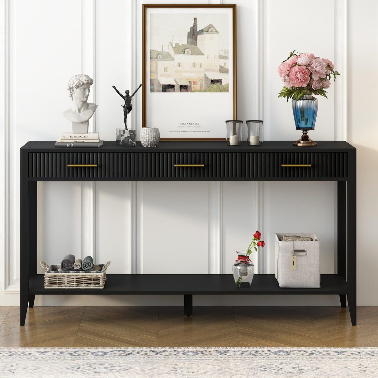 Aiuyesuo 60" Console Table with 3 Vertical Stripe Drawers, Entryway Console Table with Storage Shelf and Long Legs, Suitable for Entryway,Hallway,Living Room,Foyer,Corridor (Black-311J) Aiuyesuo