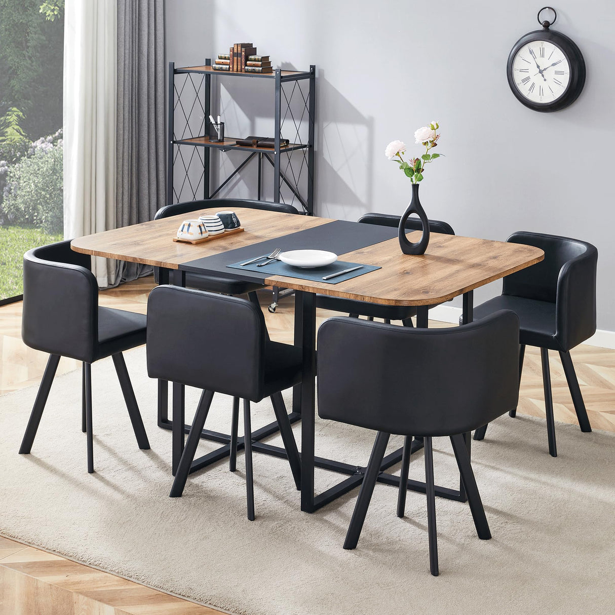 LFVFFA Dining Room Table Set for 6, Space-Saving 60" Wood Color Kitchen Table with PU Leather Chairs, Modern 7-Piece Retangular Dinner Table Set for Apartment Conference Room Small Spaces LFVFFA