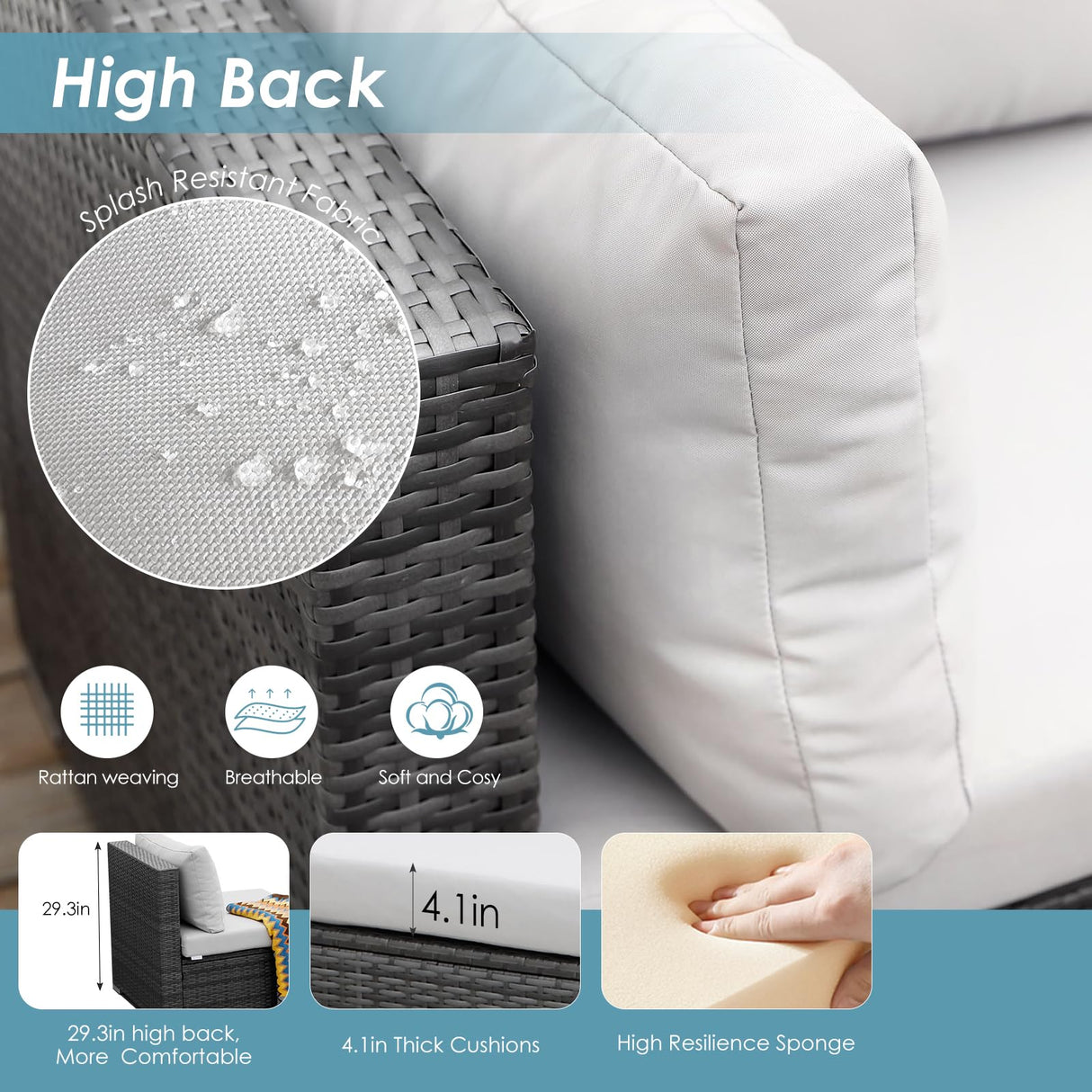 RADIATA PE Wicker Patio Furniture Set Sectional High Back Large Size Sofa Sets with Propane Fire Pit Table 55000 BTU Balcony Rattan Lounge Conversation Sets for Outdoor (13 Pieces,Light Gray) RADIATA