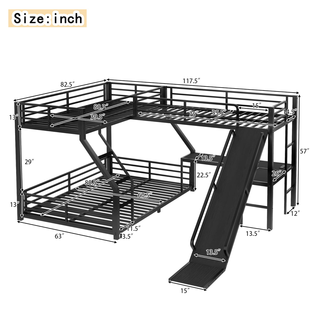 Triple Bunk Beds, L-Shape Twin XL Over Queen Bunk Bed Attached a Loft Bed with Desk, Triple Bunk Bed with Slide and USB Ports, Metal Corner Bunkbed Frame for Three Kids Boys Girls Teens, Metal Black Bellemave
