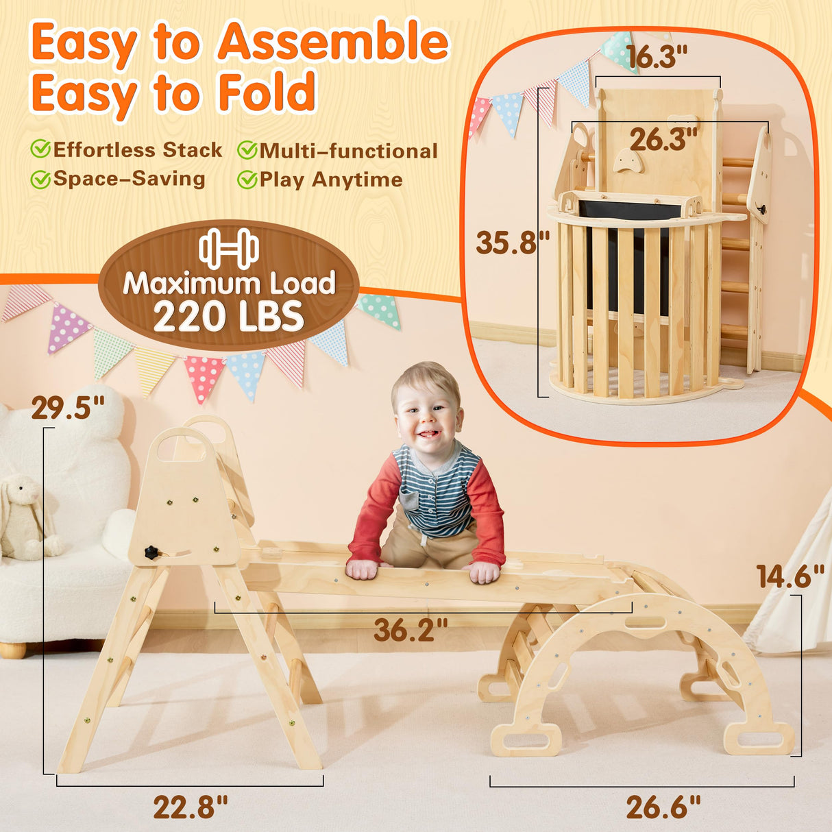 Vinworlf 8 in 1 Pikler Triangle Set, Foldable Baby Climbing Toys, Montessori Climbing Set with Arch&Ramp&Ladder&Whiteboard, Toddler Climbing Toys, Indoor Playground Climbing Toys for Toddlers 1-3 Vinworlf