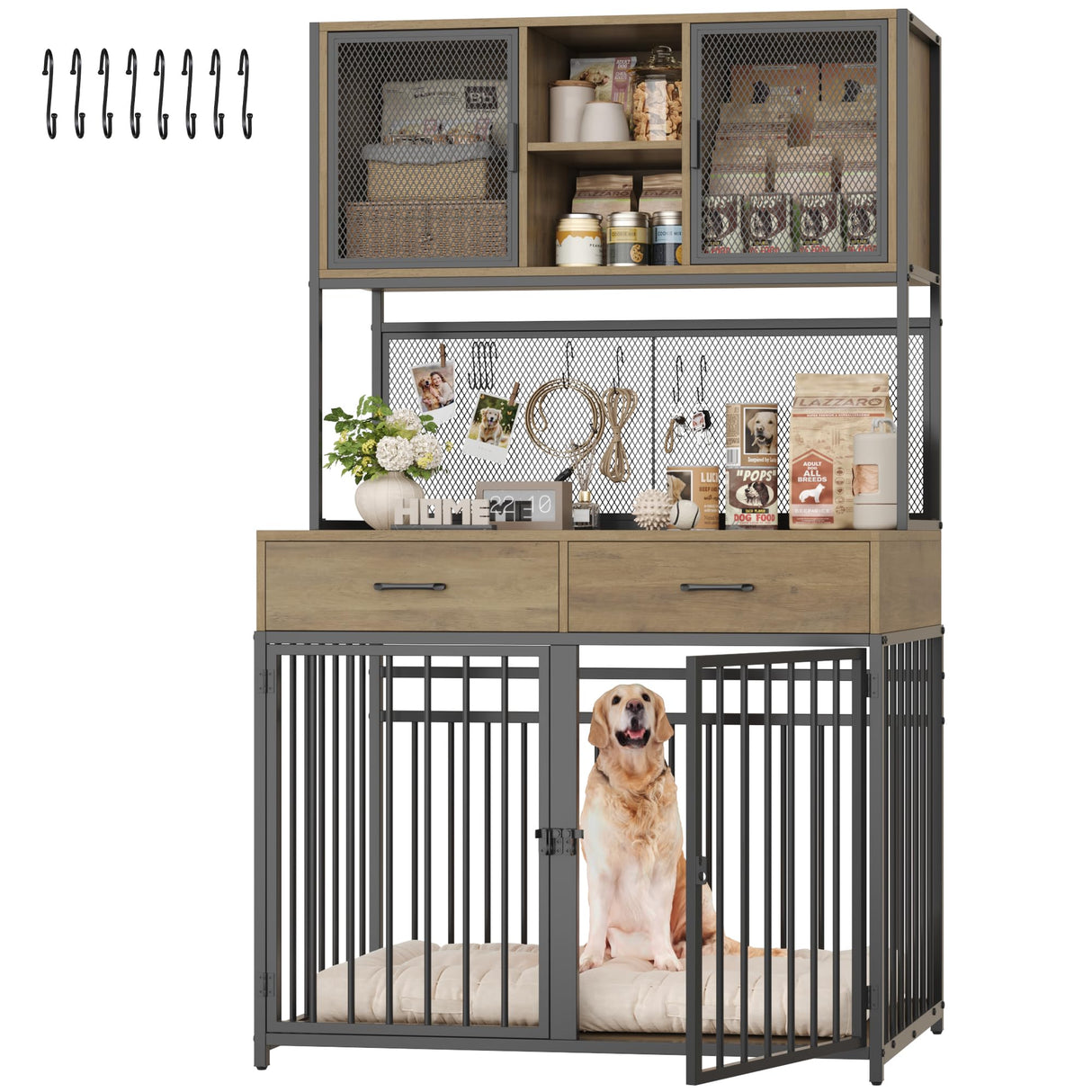 HITHOS 71" Tall Dog Crate Furniture, Indoor Dog Kennel with Hutch, 42" W Dog Cage for Large/Medium Dogs, Wood Dog Crates with 2 Storage Drawers, Heavy Duty Pet House, Rustic Brown HITHOS