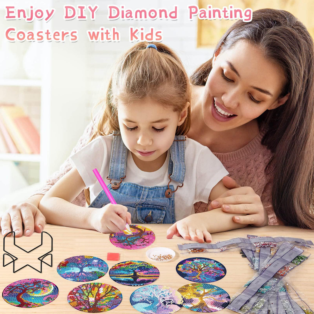 8 Pcs Diamond Painting Coasters Kits - 5D Diamond Painting Coasters DIY Diamond Art Coasters with Holder Non Slip Coaster Crystal Sticky for Tabletop Protection and Gifts(Tree of Life) Generic