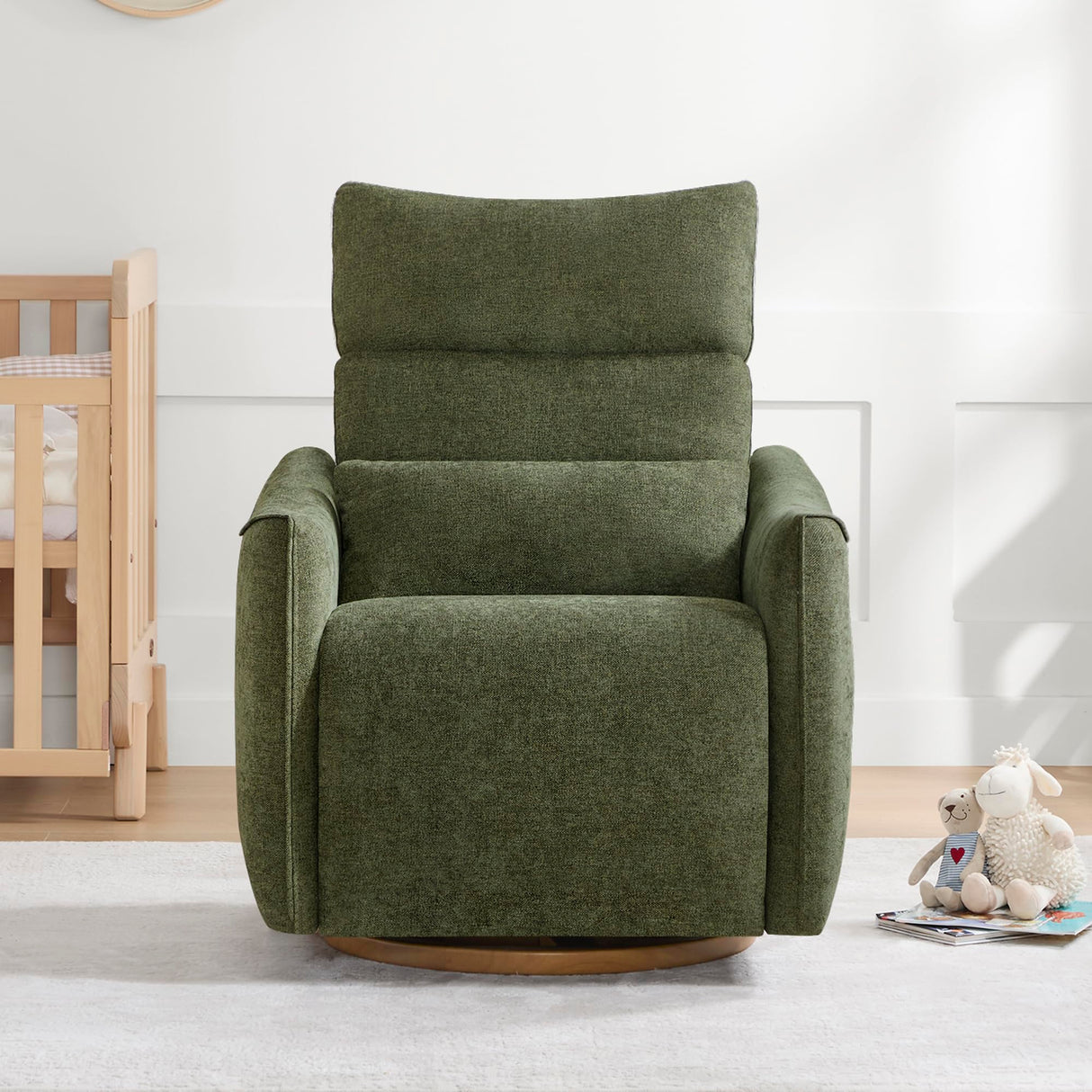 CHITA Swivel Rocker Recliner Chair, Power Nursery Glider Recliner, Nursery Rocking Chair with Adjustable Power Headrest, FSC Certified, Solid Wood Base, Moss Green CHITA