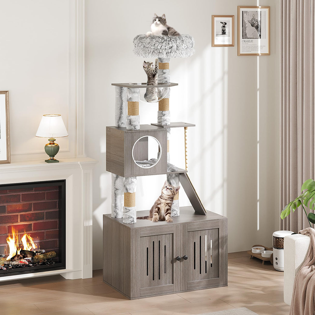 Cat Tree with Litter Box Enclosure, 2-in-1 Cat Tower, 66.9-Inch Tall Cat Condo with Scratching Posts, Perch (Grey) GarveeLife