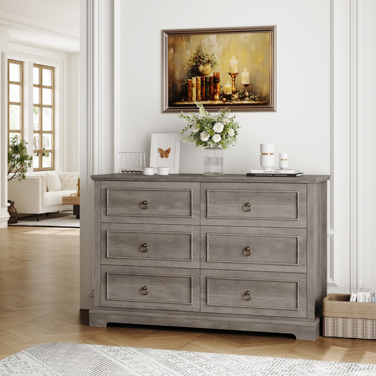 HOSTACK 6 Drawer Double Dresser, Modern Farmhouse Chest of Drawers, Wide Dressers Organizer, Accent Wood Storage Cabinet for Living Room, Hallway, Ash Grey HOSTACK