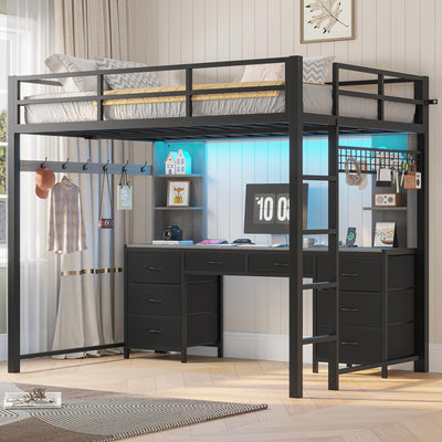 ADORNEVE Full Size Loft Bed with Desk and 8 Storage Drawers, Metal Loft Beds Full with LED Lights & Charging Sation, Heavy Duty Loft Bed Frame with 6 Storage Shelves, Space-Saving, Noise Free,Grey