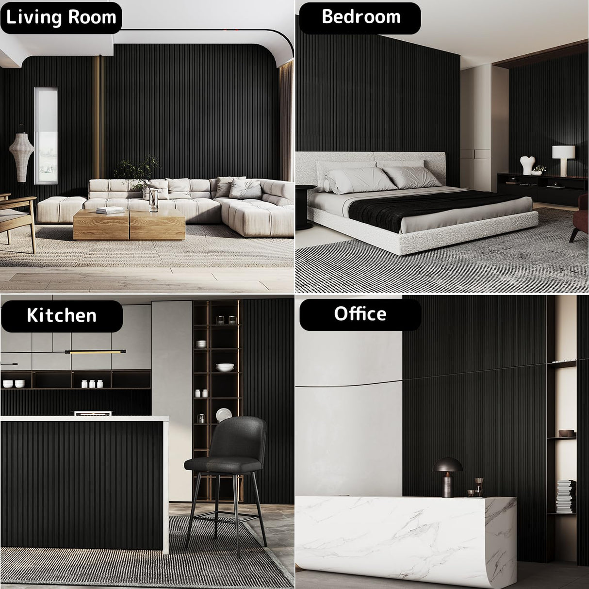 Sunny Heart Wood Slat Wall Panels, Wood Panels for Wall, 2 Pack 93.5" x 12.6" Soundproof Solid Wooden Wall Panels, 3D Acoustic Fluted Wood Wall Panels for Ceiling Wall Decor, Black Sunny Heart