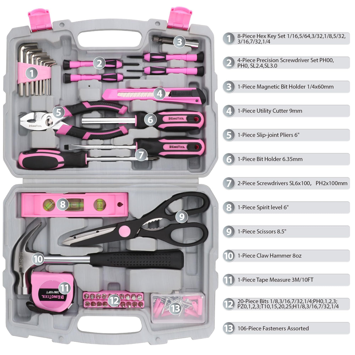 KingTool 149-Piece Pink Tool Kit - Basic Home Repair Tool Set, Small Tool Kit with Plastic Toolbox, Perfect for Women, Office & College Repairs KingTool