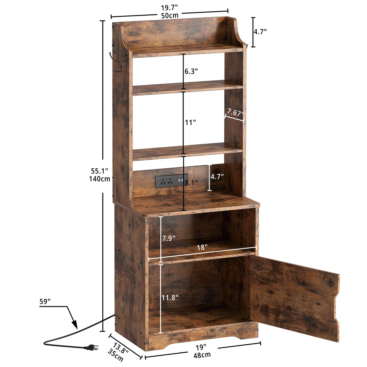 LIKIMIO Nightstand with Charging Station, 55" Tall End Side Table with Storage Cabinet, Small Bookshelf, for Living Room Office Bedroom, Vintage Brown LIKIMIO