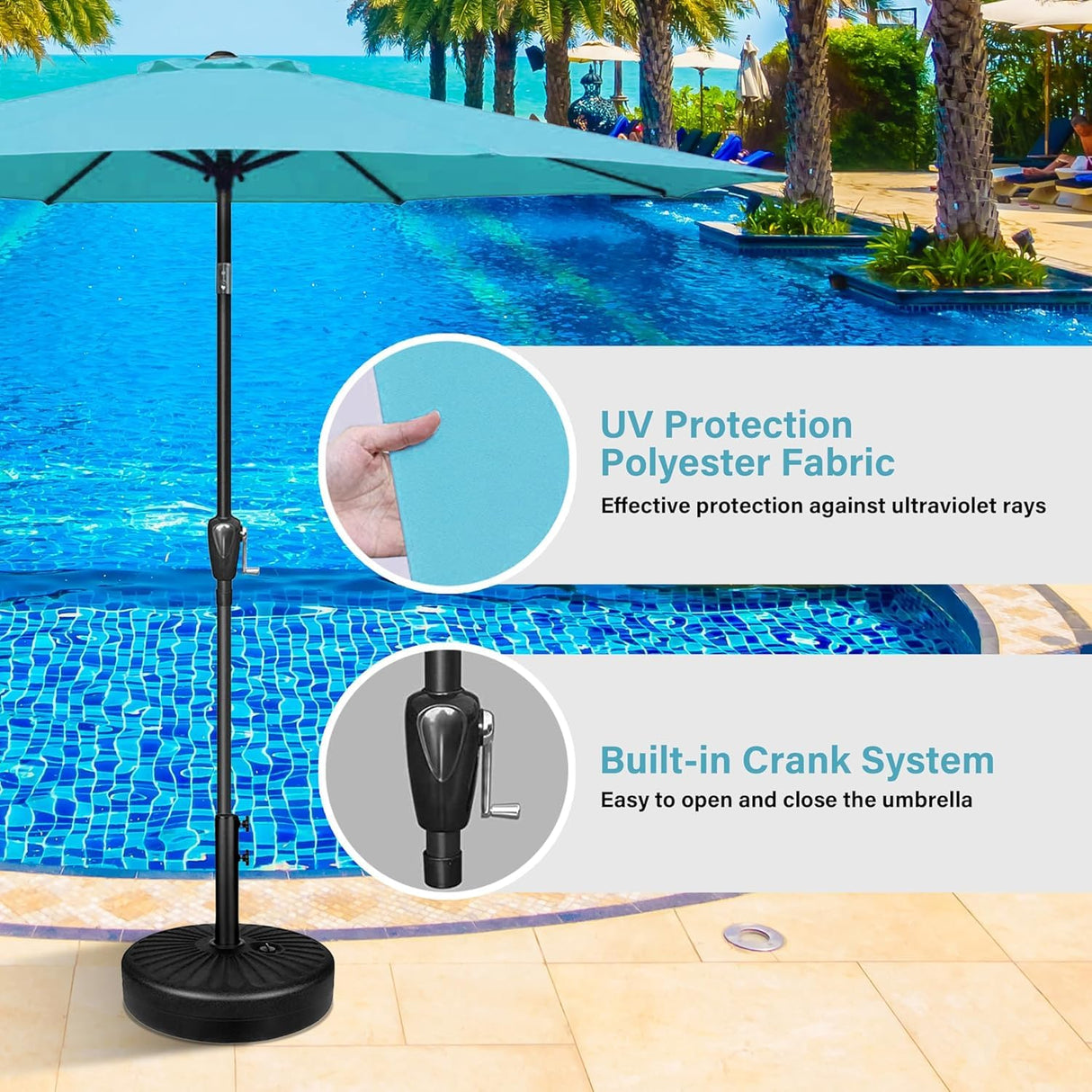 HealSmart 9' Outdoor Patio Umbrella, Market Table Umbrella with 8 Sturdy Ribs, Push Button Tilt and Crank for Garden, Yard, Pool, Turquoise HealSmart
