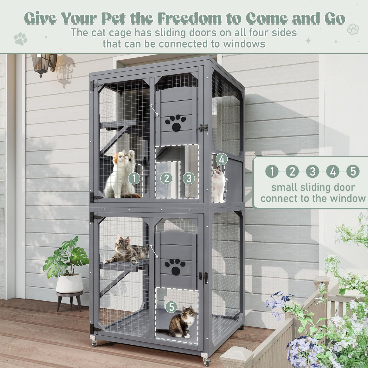 Merax Catio Outdoor Cat Enclosure, 4 Tiers Cat House with Wheels, Resting Box & Waterproof Roof, Indoor Large Cat House Cage, Grey Merax