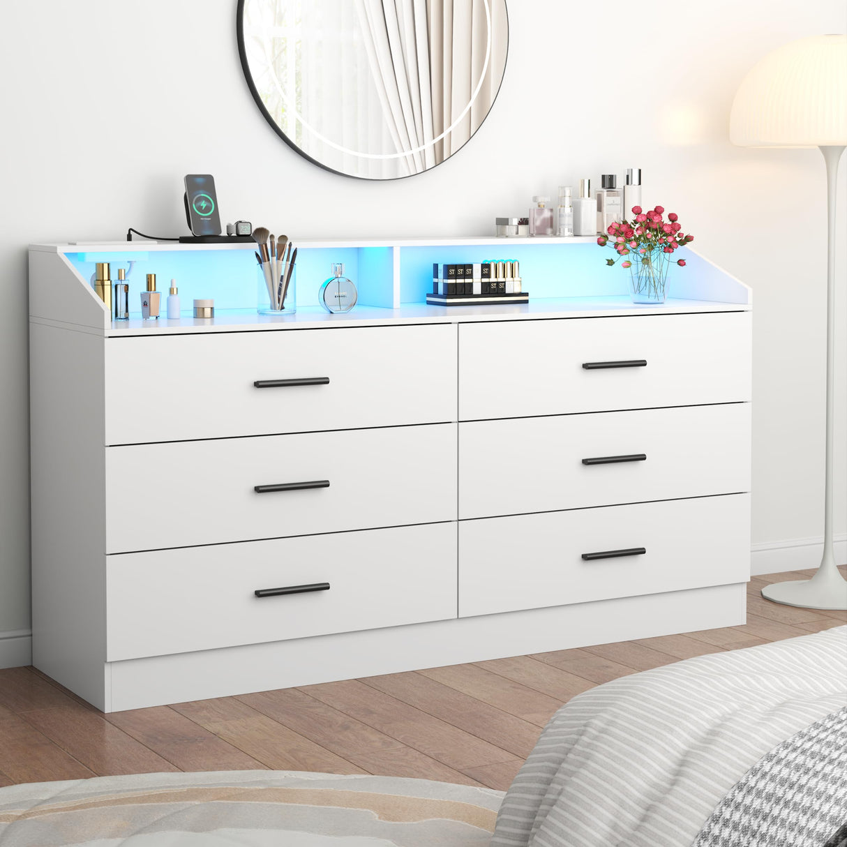 Gyfimoie 6 Drawer Dresser with Power Outlet, Chest of Drawers with LED Light, Modern Dresser with Open Storage Cubby, Double Wide Dresser Organizer for Bedroom, Living Room, Entryway, Hallway Gyfimoie