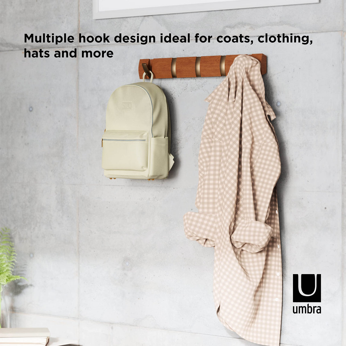 Umbra FLIP Wall Mounted Floating Rack – Modern, Sleek, Space-Saving Hanger with Retractable Hooks to Hang Coats, Scarves, Purses and More, Walnut/Gold Umbra