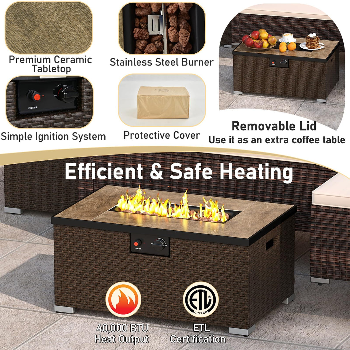 Tangkula 5 Pieces Patio Furniture Set with 32” Fire Pit Table and Propane Tank Cover, Outdoor Wicker Cushioned Sectional for Deck, Backyard, Fire Pit Protective Cover Included (Beige) Tangkula