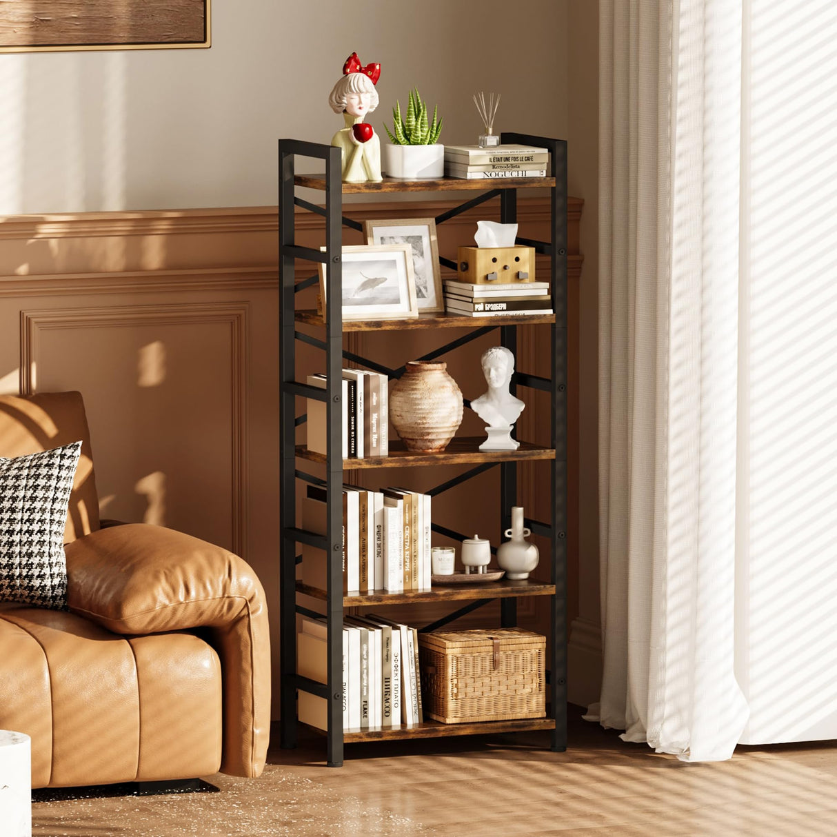 Organization and Storage, 5 Tier Bookshelf, Tall Bookcase with Shelves, Wood and Metal Book Shelf Storage Organizer, Industrial Display Standing Shelf Unit for Bedroom, Living Room, Rustic Brown Homeiju