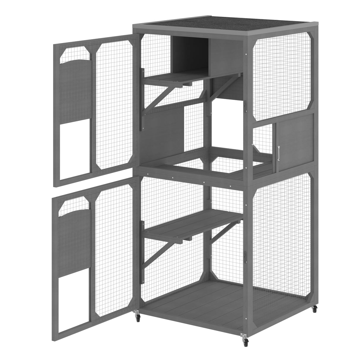 Merax Catio Outdoor Cat Enclosure, 4 Tiers Cat House with Wheels, Resting Box & Waterproof Roof, Indoor Large Cat House Cage, Grey Merax