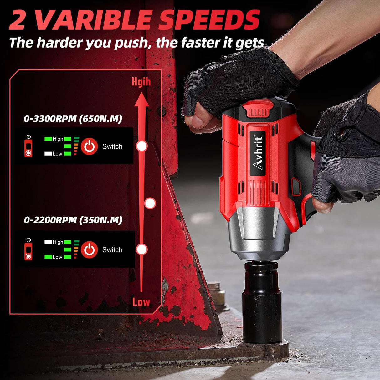 Avhrit Cordless Impact Wrench 1/2 inch, 480Ft-lbs (650Nm) Brushless Power Impact Gun 1/2 drive w/ 4.0Ah Battery, 4 Sockets, 6 Screwdriver Bits, Fast Charger, Electric Impact Wrench for Car Tire Avhrit