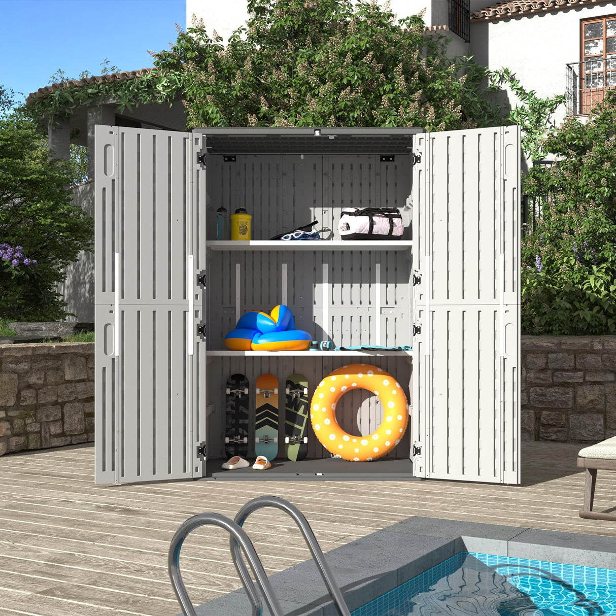 Aoxun Outdoor Resin Storage Shed with 2 Shelves & Floor, 64 Cu.Ft Vertical Waterproof Storage Cabinet for Garage Storage, Pool Storage, Bike Shed, Garden Tools, Patio Furniture (White) Aoxun