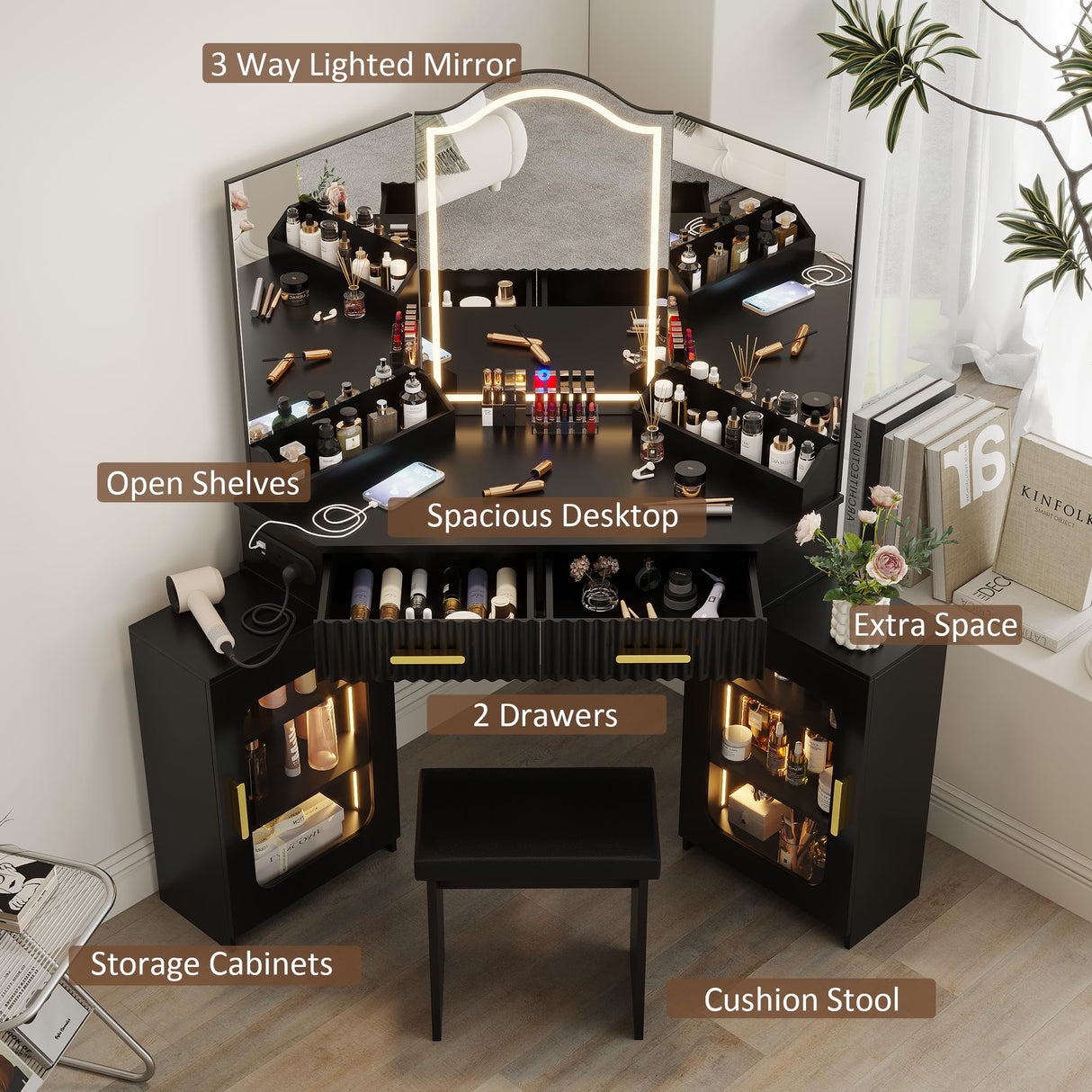 Casvik Corner Vanity Desk with 3 Way Mirror and Lights, 54" Modern Fluted Makeup Vanity with 2 Drawers & 2 Storage Cabinet, Charging Station, Stool, Large Bedroom Dressing Table for Women (Gold+Black) Casvik