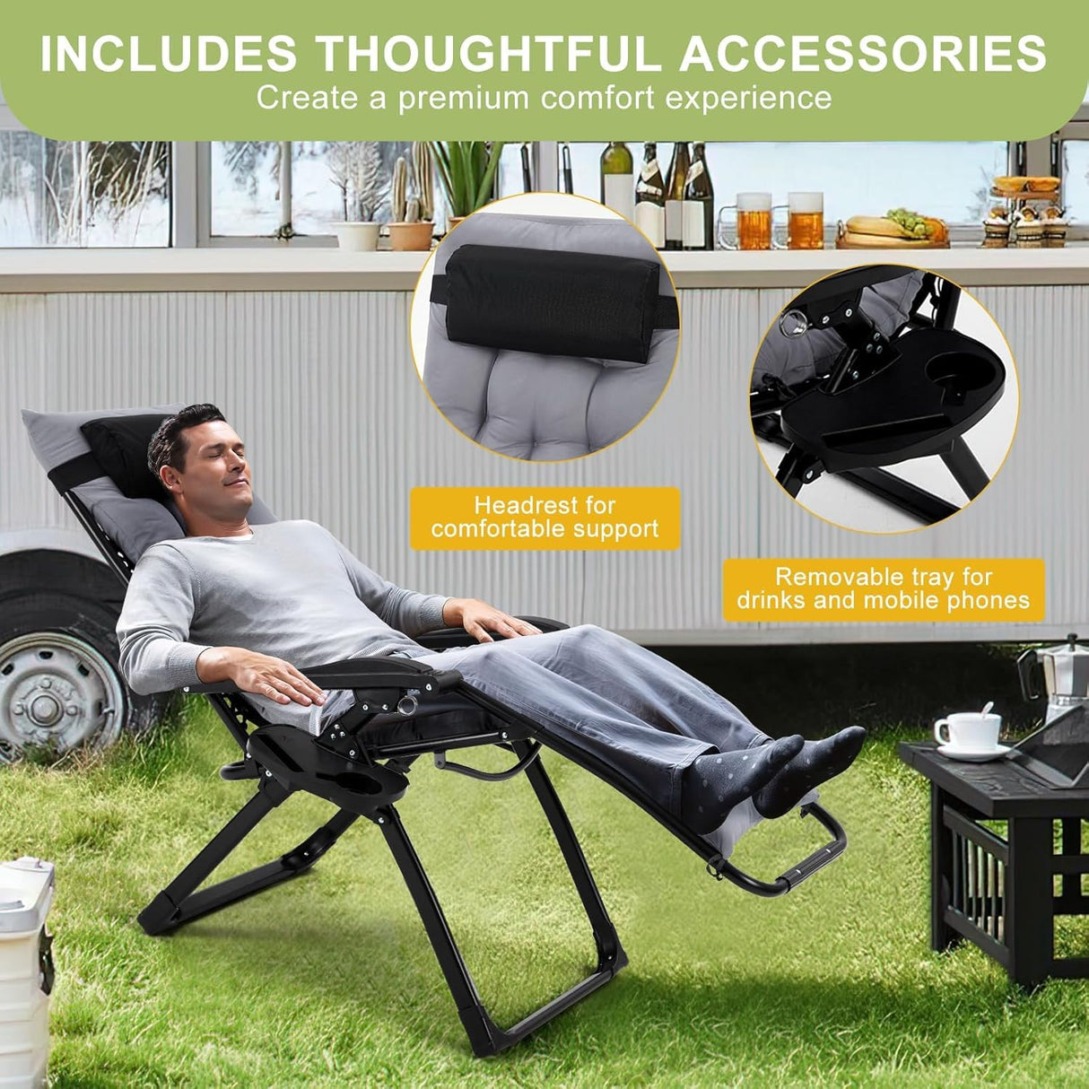 Garvee Lounge Chair Supports Indoor/Outdoor Adjustable Folding Recliner with 29 Inch Seat, Removable Cup Holder & Headrest Grey Garvee