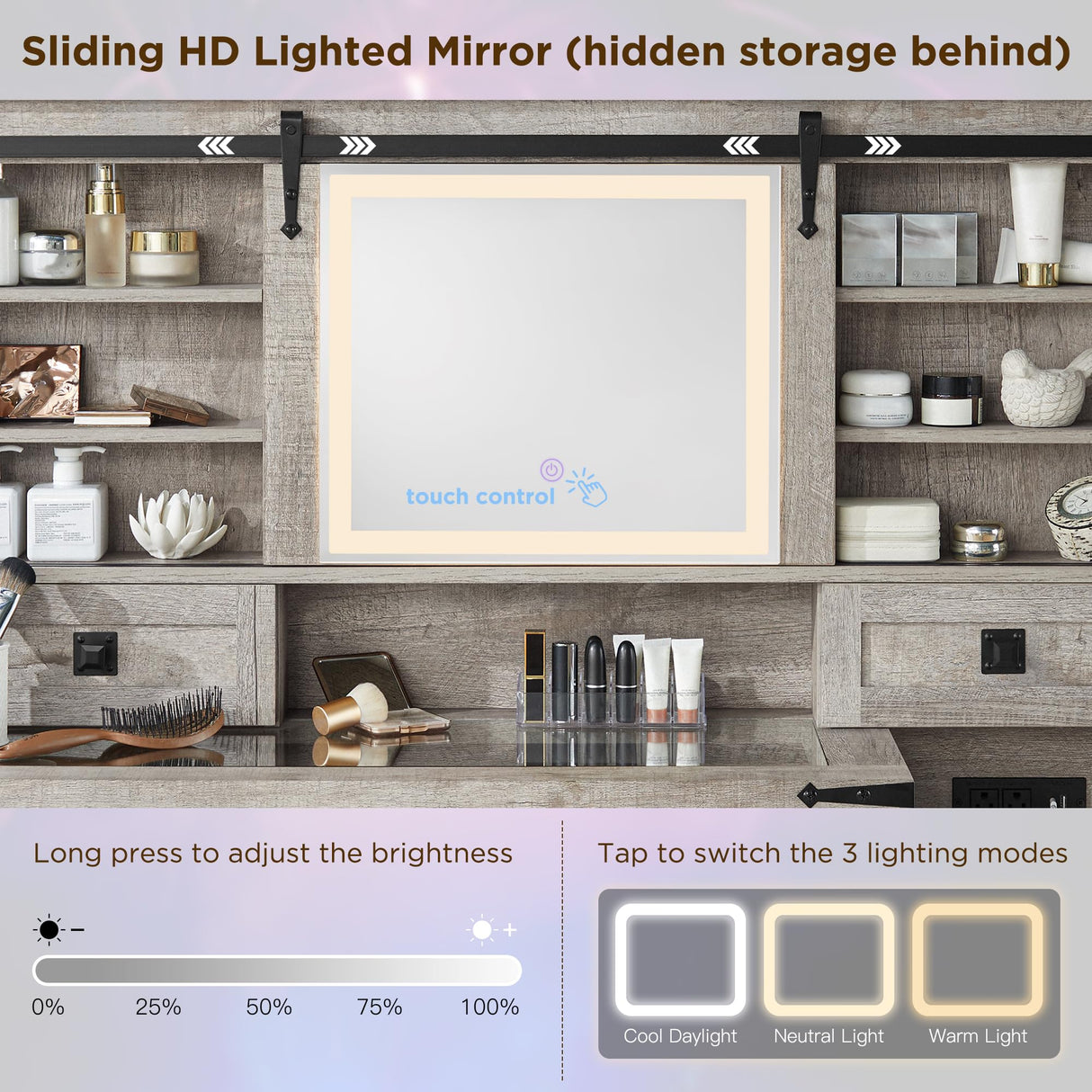 T4TREAM 48'' Farmhouse Makeup Vanity Desk with Sliding HD Mirror and Lights, Big Modern Lighted Vanity Table with 7 Drawers & Shelves, Rustic Large Dressing Table for Bedroom, Light Rustic Oak T4TREAM