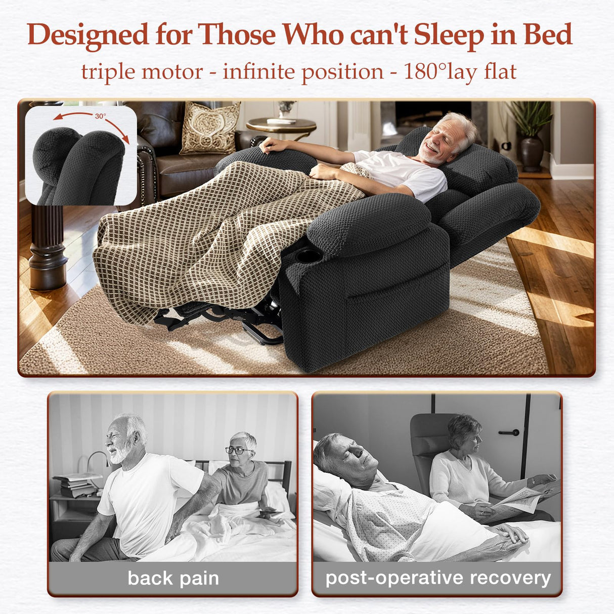 Neioml 3 Motor Large-Wide Lift Chair, Infinite Position, 180° Lay Flat, Power Lift Chairs Recliners for Elderly Big and Tall, Massage & Heat, Extended Footrest, Soft Plush Flannel (Gray) Neioml