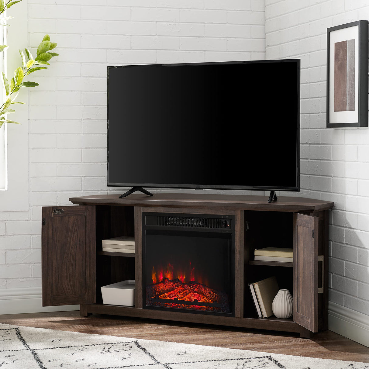 Crosley Furniture Camden Corner Fireplace TV Stand for 50+ inch TVs, Entertainment Center with Storage Shelves, Dark Walnut Crosley Furniture
