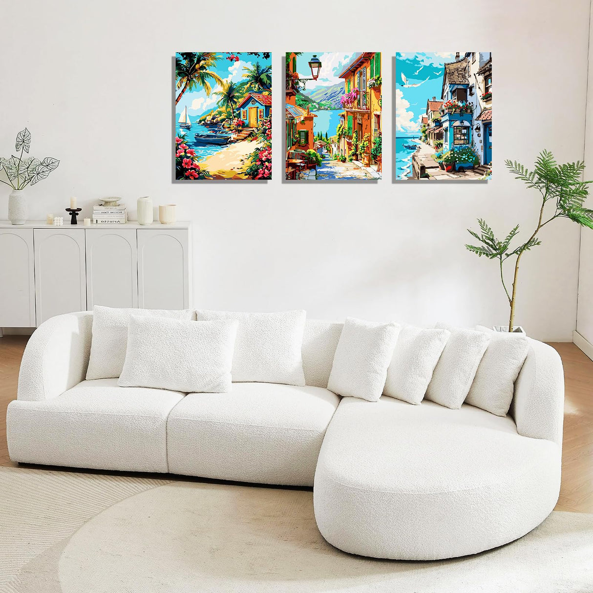 6 Pack DIY Paint by Number Kit for Adults - Mediterranean Coastal Scenery Oil Painting Set, 12x16 Inch Canvas (No Frame), 18 Vivid Acrylic Paints - Stress Relief Art Craft for Home Decor & Gifts TINY FUN