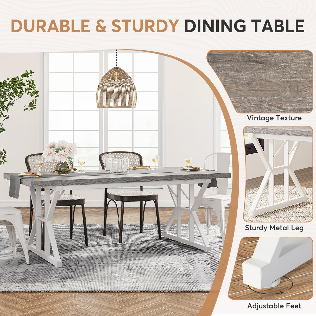 Tribesigns Farmhouse Dining Table for 6 People, 70.8-Inch Rectangular Wood Dining Table, Rustic Kitchen Table with Heavy Duty Metal Legs for Dining Room(Grey) Tribesigns