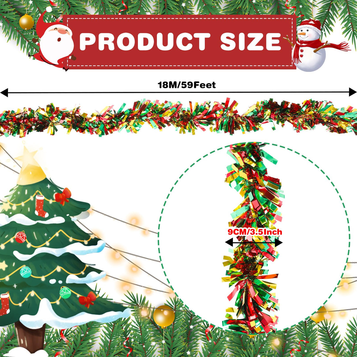 VESPRO 59 Feet Metallic Christmas Tree Garland Glitter Tinsel Twist Hanging for Indoor Outdoor Party Decorations (Red Green Gold) VESPRO