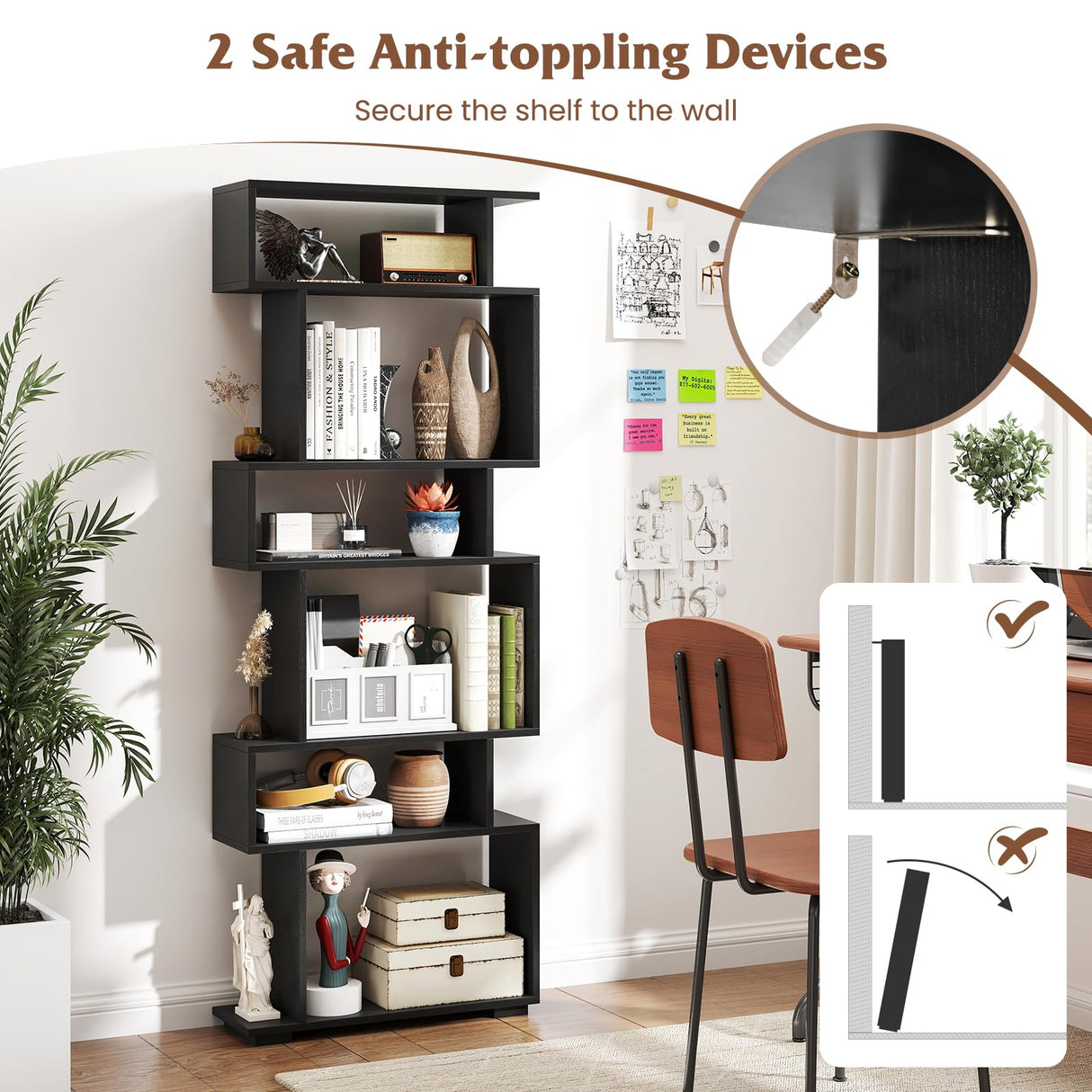 Tangkula 6-Tier S-Shaped Bookshelf, 64" Freestanding Geometric Bookcase, Home Office Wood Storage Shelf with Anti-Toppling Device, Room Divider Display Rack for Study, Living Room (1, Black) Tangkula