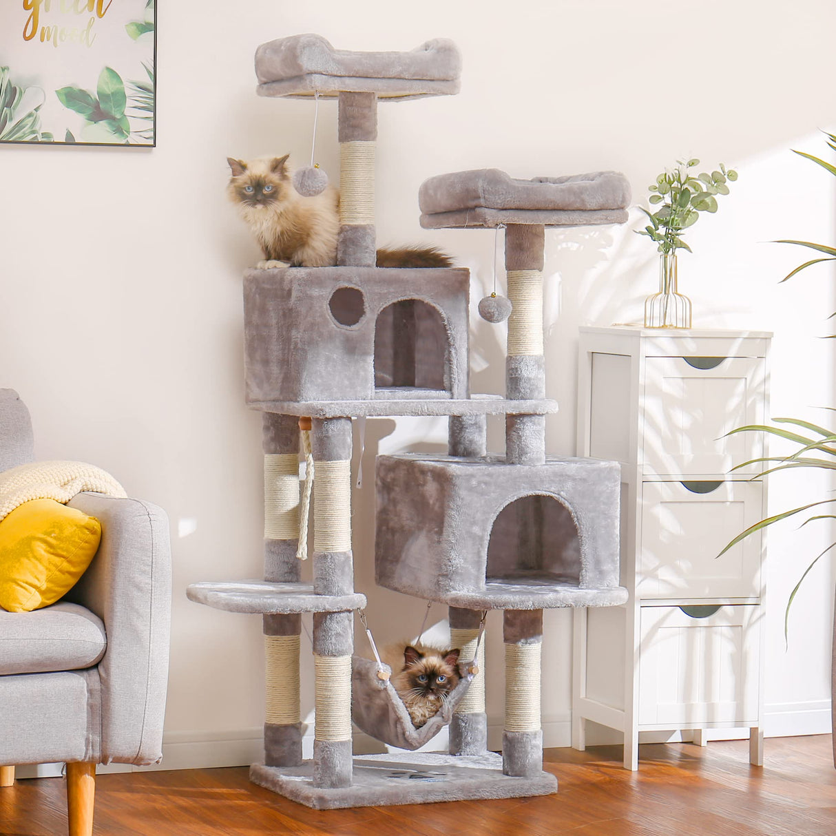 Hey-brother Multi-Level Cat Tree Condo Furniture with Sisal-Covered Scratching Posts, 2 Plush Condos, Perch Hammock for Kittens, Cats and Pets, Light Gray MPJ020-SW Hey-brother