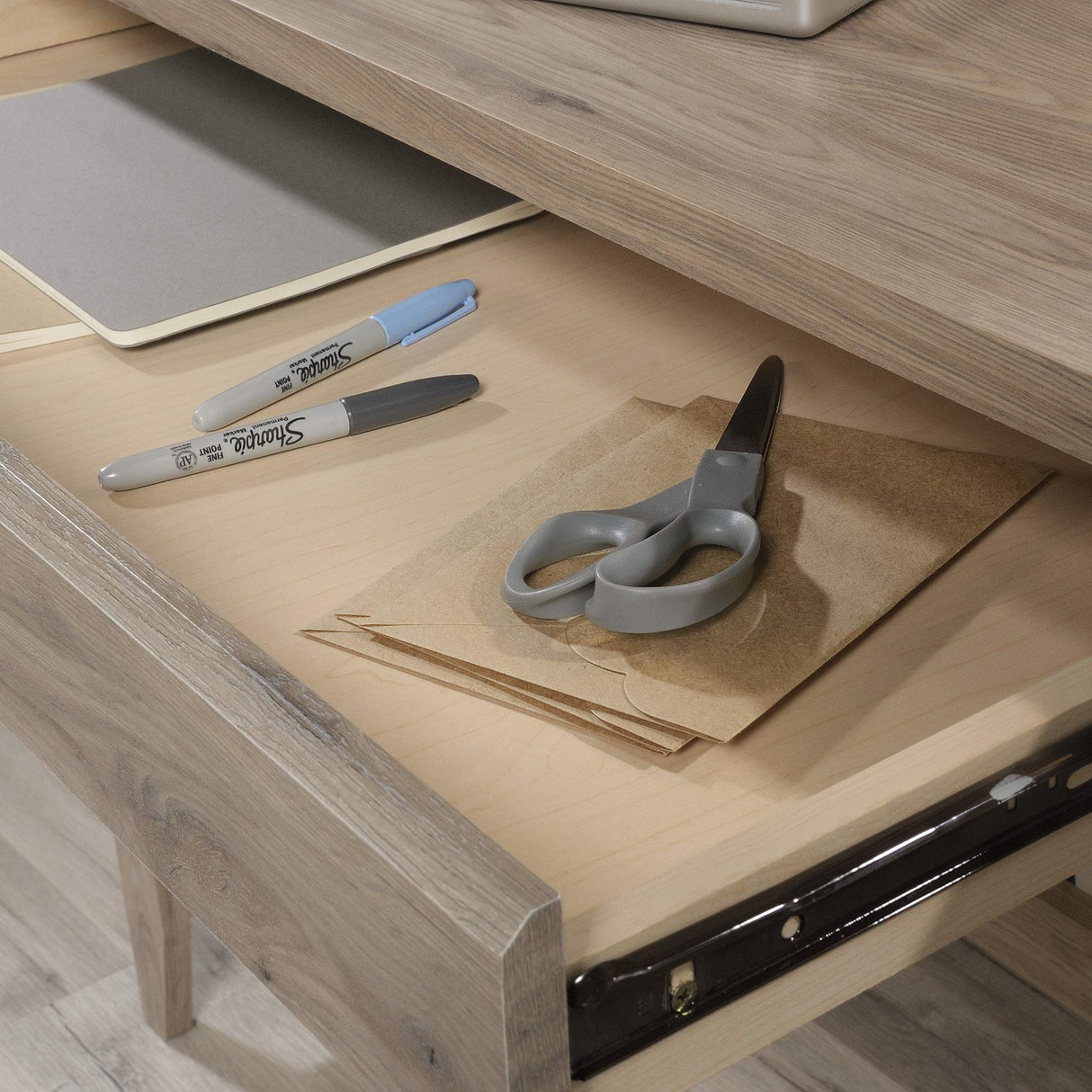 Sauder Summit Station Desk, L: 52.09" x W: 19.29" x H: 29.02", Laurel Oak finish Sauder