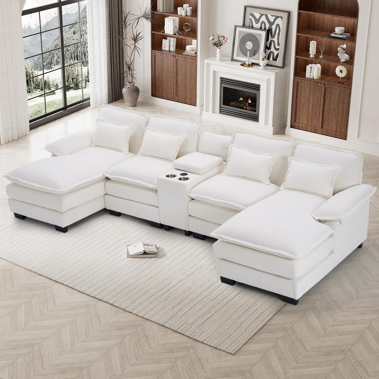 ONEMMLION U Shaped Cloud Couch Sectional Sofa, 124" Comfy Fluffy Chenille White Sectional Couches for Living Room with Double Chaise Lounge, Modern Modular Sectional Sofa with Central Console USB Port ONEMMLION