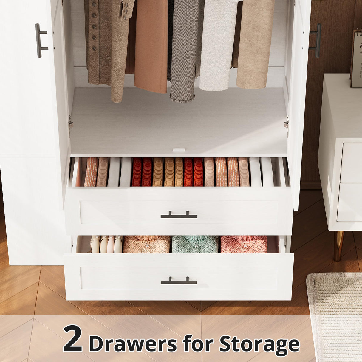 LIKIMIO Armoire Wardrobe Closet with Large Mirror, Storage Cabinet with 2 Doors and 2 Drawers, 2 Storage Shelves, 70" Wardrobe Cabinet for Bedroom,White LIKIMIO