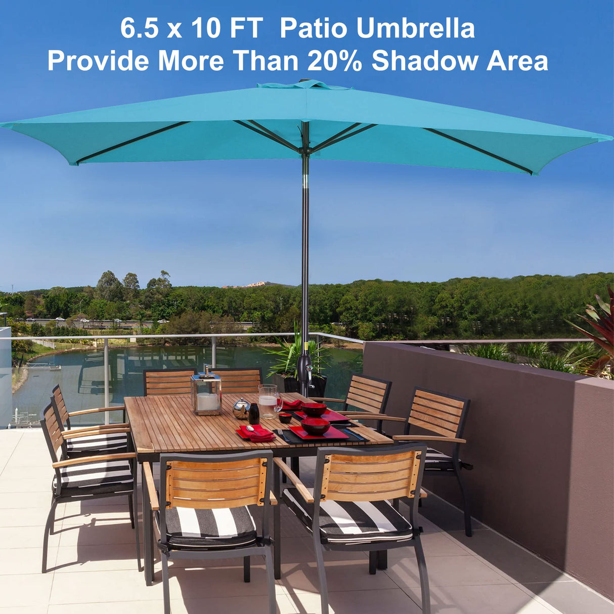 Aok Garden 6.5x10 ft Rectangular Patio Umbrella Outdoor Market Table Aluminum Pole Umbrella with Tilt and Crank 6 Sturdy Ribs for Deck Lawn Pool, Lake Blue Aok Garden