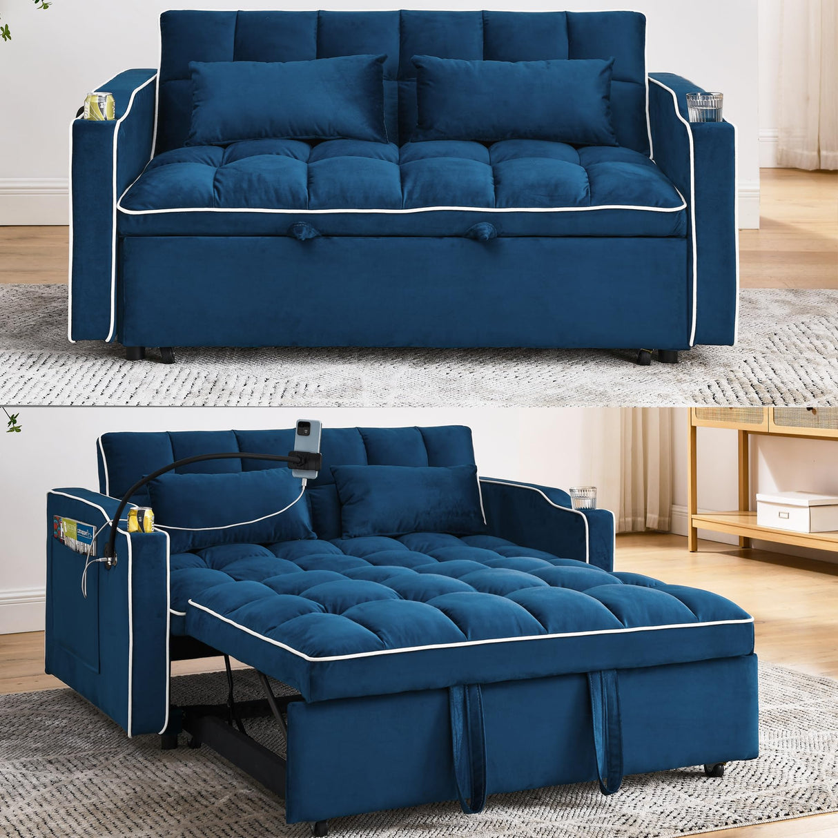 Foldable Sofa Bed with USB Charging Ports, Pull Out Velvet Loveseat Sleeper with Phone Holder, Modern Futon Couch with Cup Holders & Adjustable Backrest for Living Room, Blue Merax